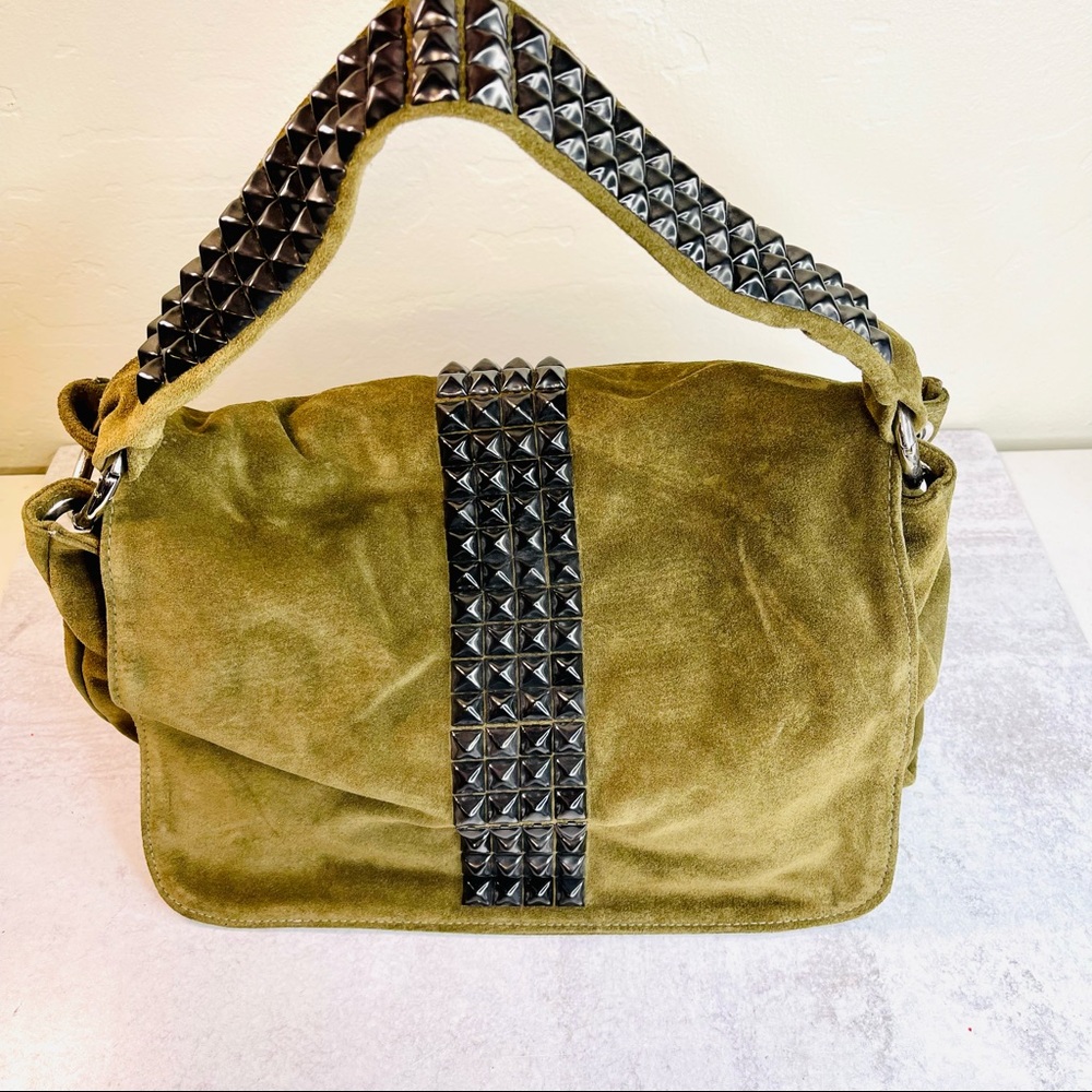 Tylie Malibu Epic Studded Shoulder Bag Green Suede Leather Flap One Handle Purse